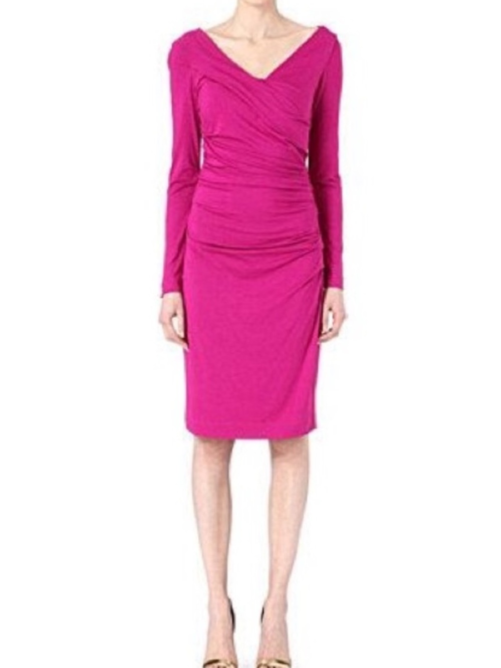 DVF Bentley Ruched Long Sleeve Off The Shoulder Dress Fuscia  Size M